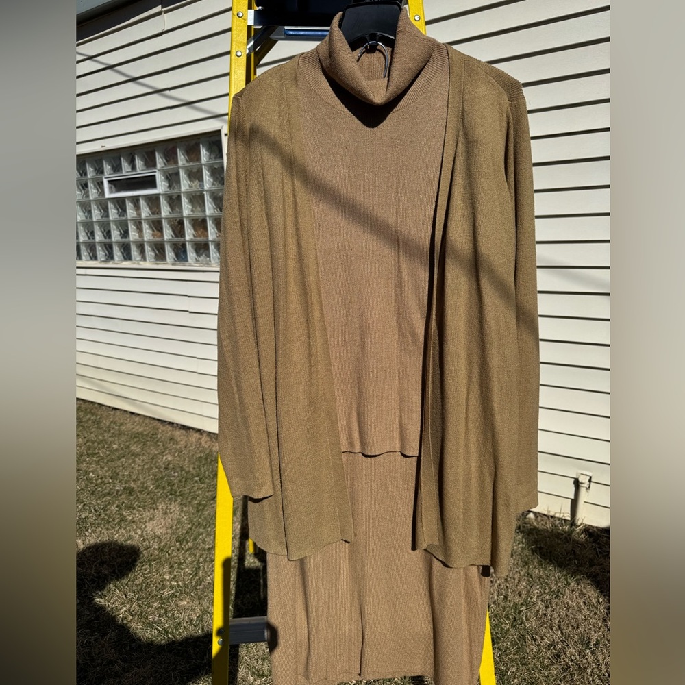 3 pc Merona Tan Sweater Skirt Suit Turtle Neck top w/ jacket, floor length skirt